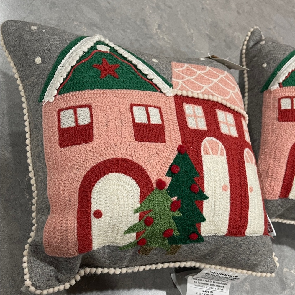 Set of 2 Festive Holiday Pillows with Pink and Red House Design New with tags.